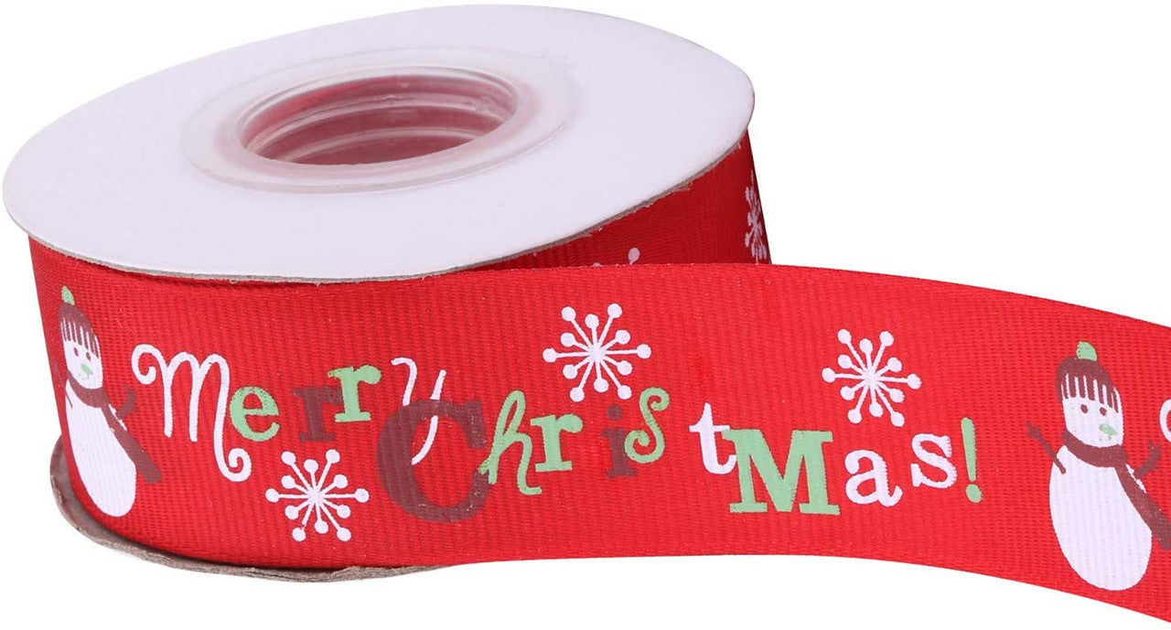 Snowman, Merry Christmas Printed Grosgrain Ribbon - Red