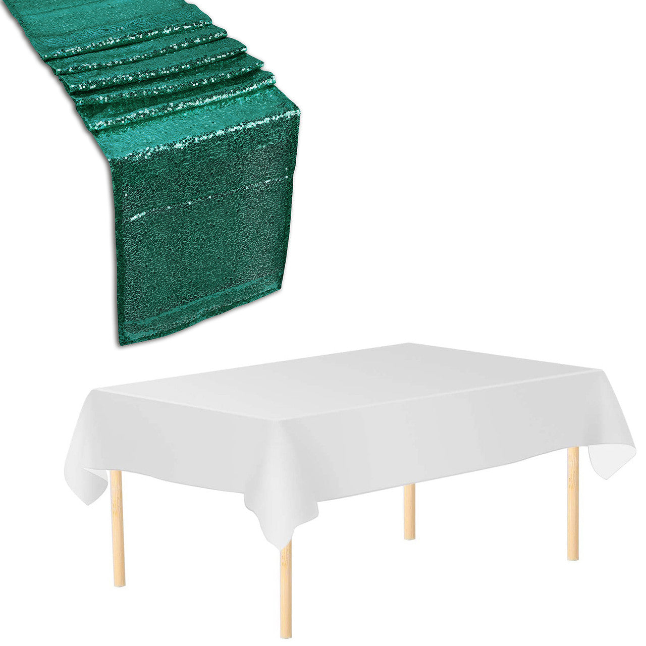 Rectangle Plastic Tablecloth and Sequin Table Runner - White & Emerald Green