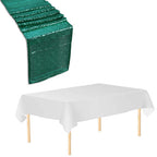 Rectangle Plastic Tablecloth and Sequin Table Runner - White & Emerald Green