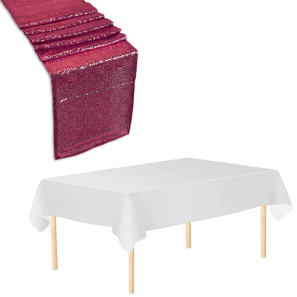 Rectangle Plastic Tablecloth and Sequin Table Runner - White & Fucshia