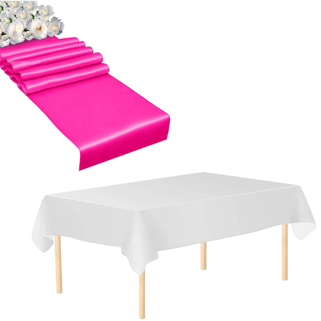 Plastic Tablecloth and Satin Table Runner Set - White & Fuchsia