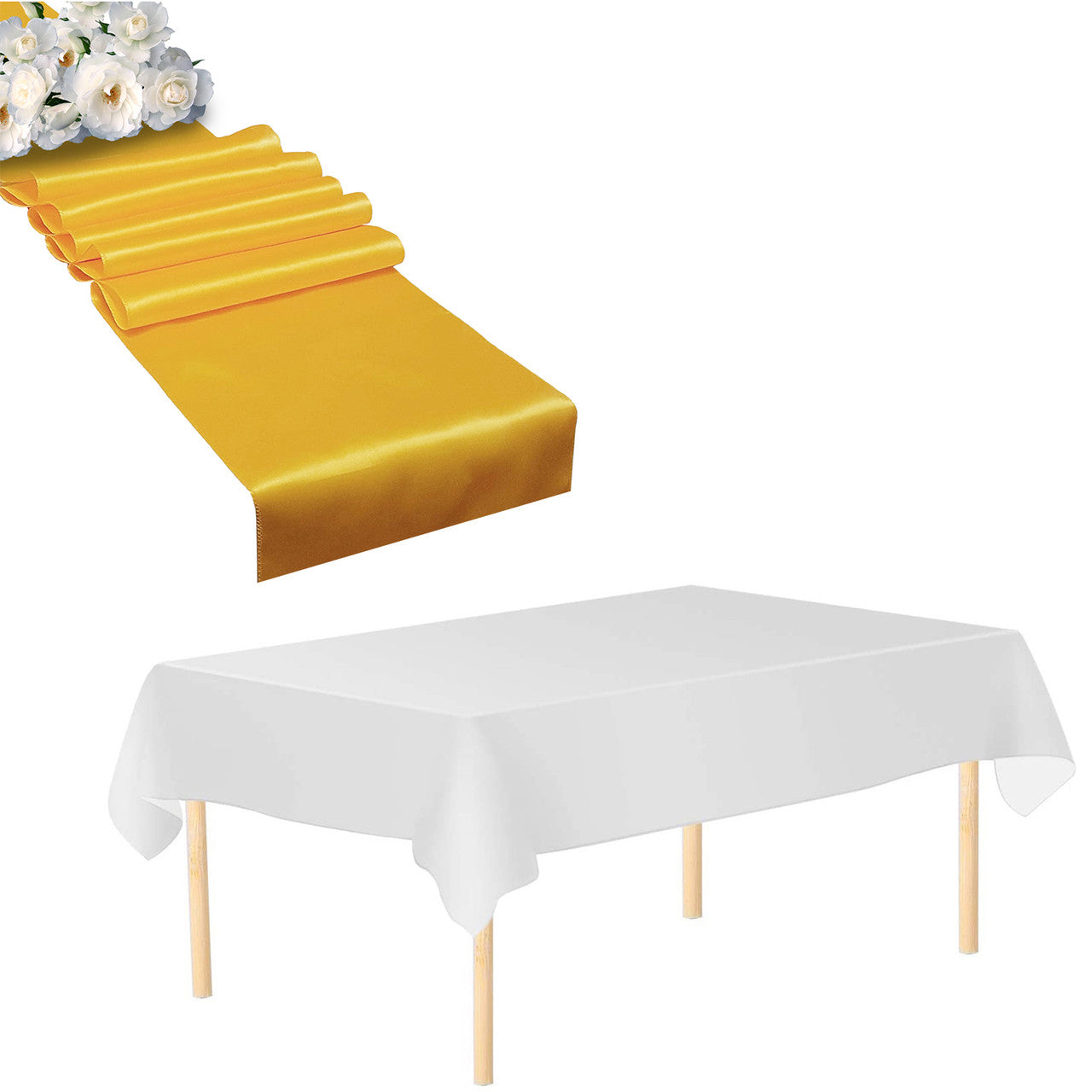 Plastic Tablecloth and Satin Table Runner Set - White & Gold