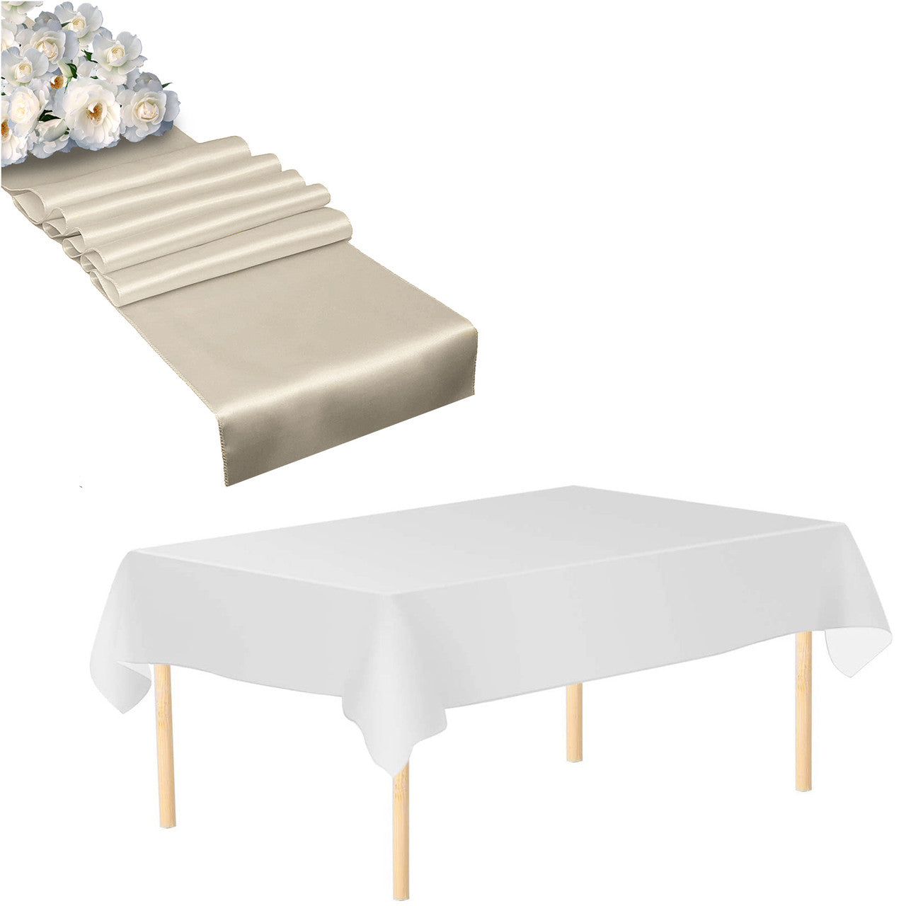 Plastic Tablecloth and Satin Table Runner Set - White & Ivory