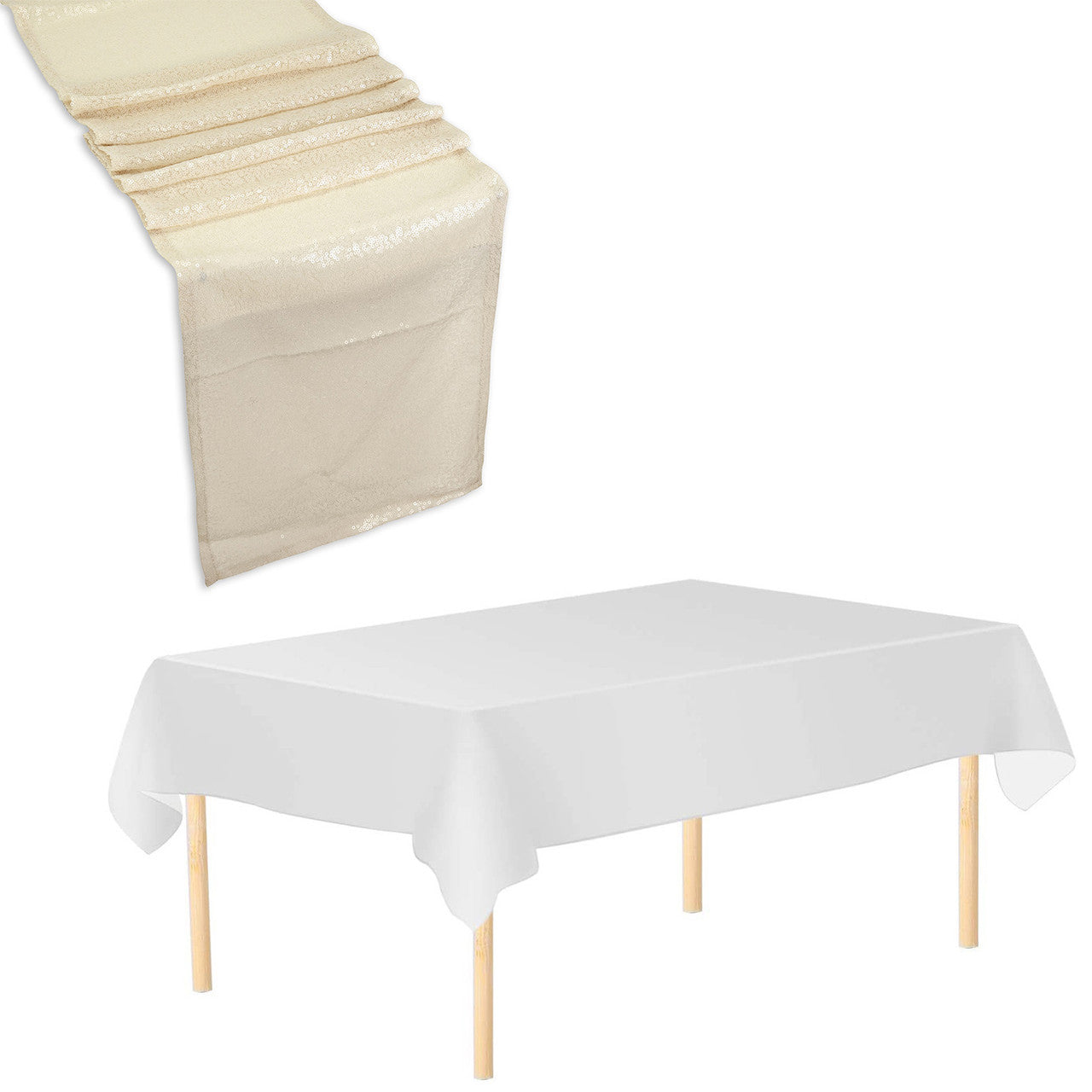 Rectangle Plastic Tablecloth and Sequin Table Runner - White & Ivory