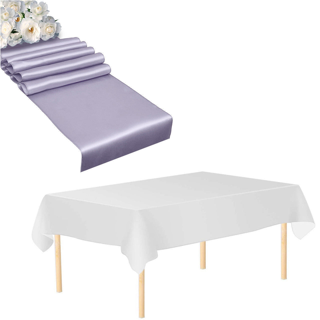 Plastic Tablecloth and Satin Table Runner Set - White & Lavender