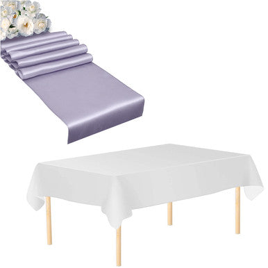 Plastic Tablecloth and Satin Table Runner Set - White & Lavender