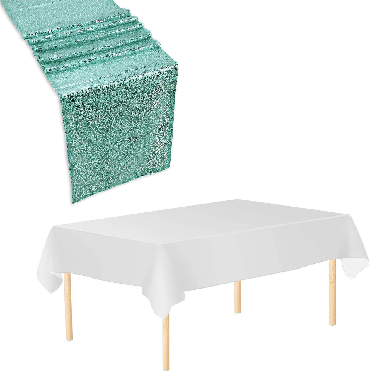 Rectangle Plastic Tablecloth and Sequin Table Runner - White & Mint Green