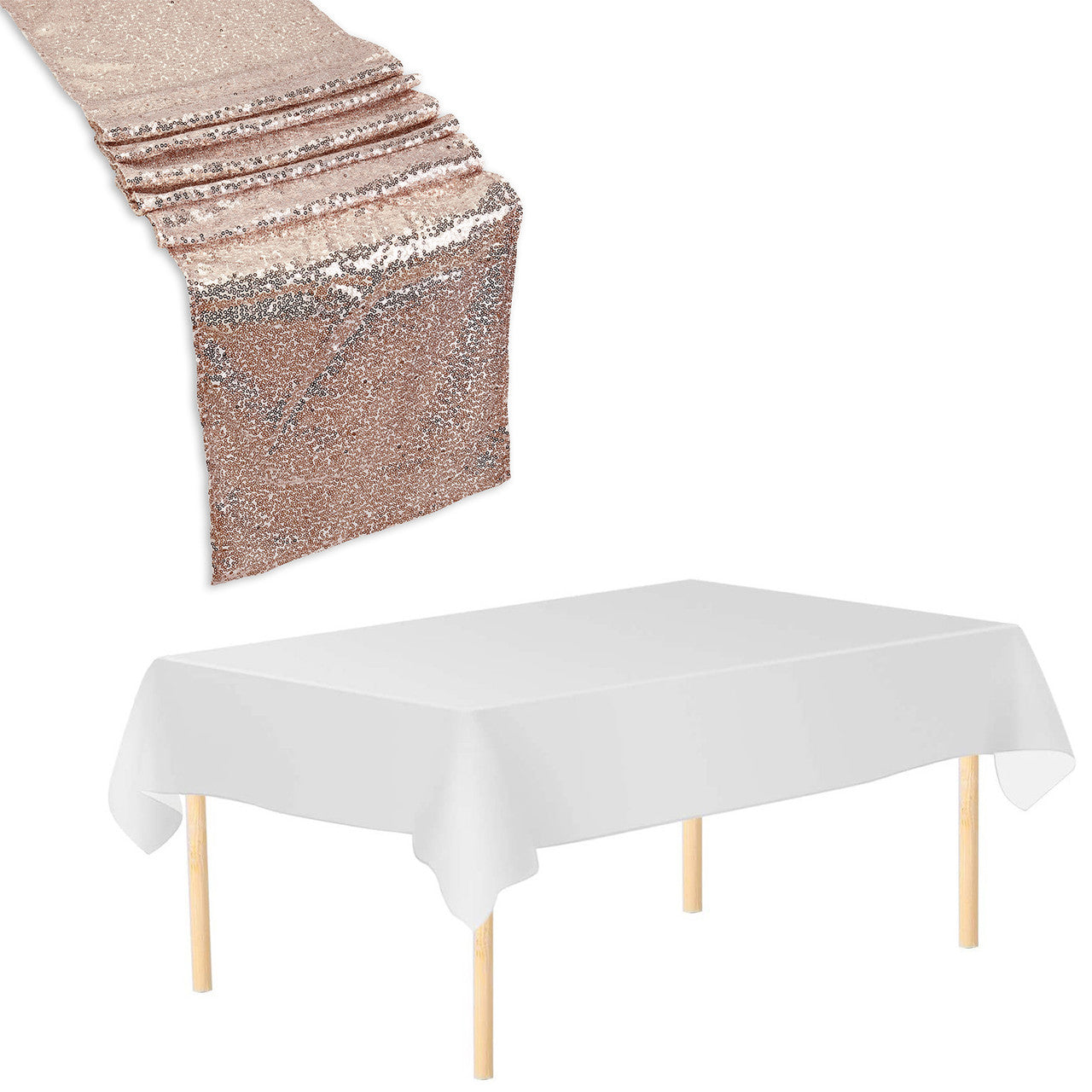 Rectangle Plastic Tablecloth and Sequin Table Runner - White & Nude