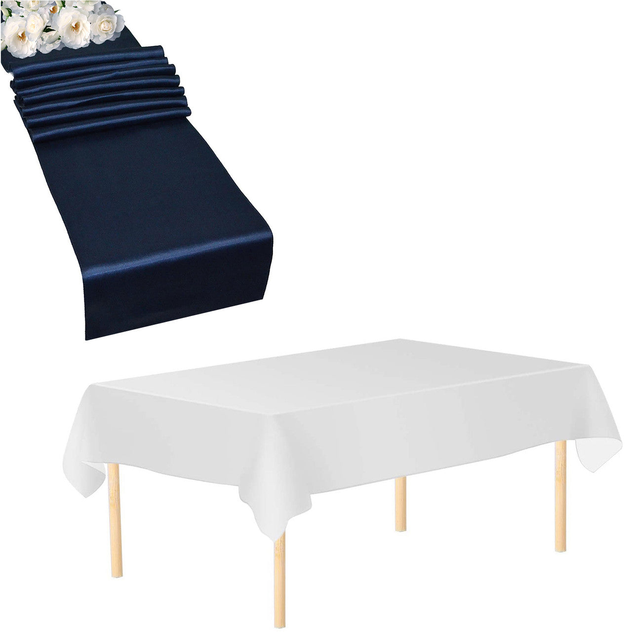Plastic Tablecloth and Satin Table Runner Set - White & Navy