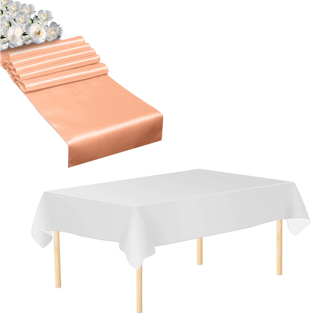 Plastic Tablecloth and Satin Table Runner Set - White & Peach