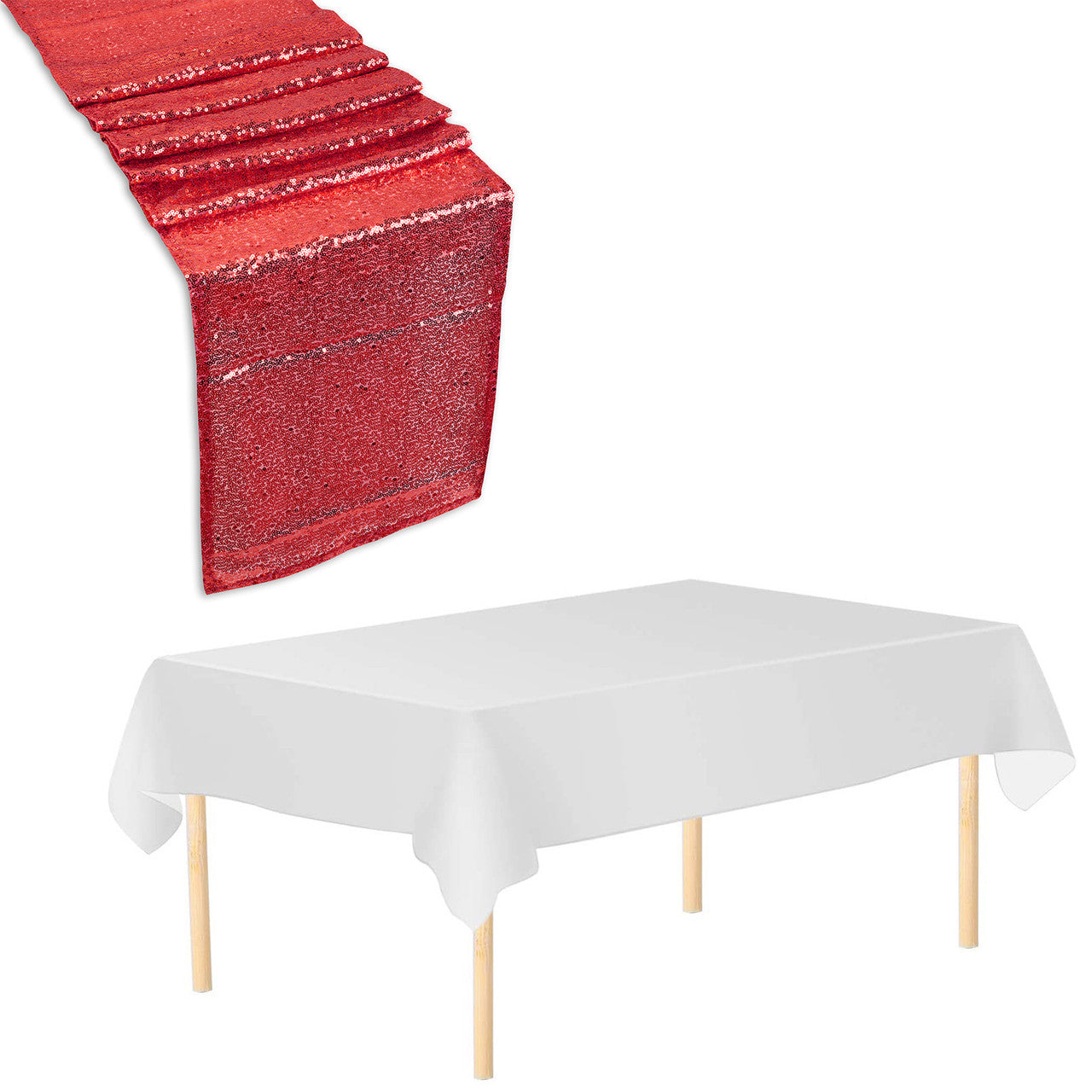 Rectangle Plastic Tablecloth and Sequin Table Runner - White & Red