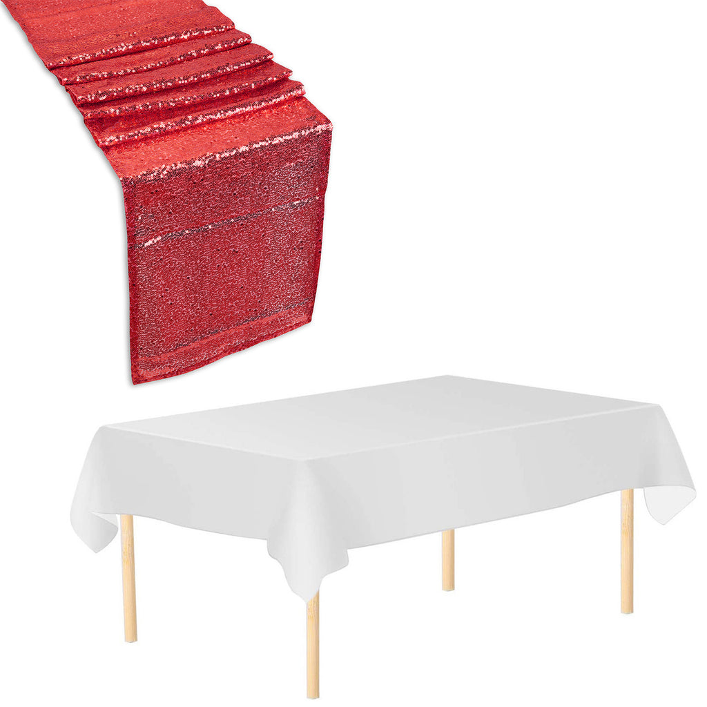 Rectangle Plastic Tablecloth and Sequin Table Runner - White & Red