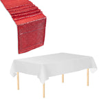 Rectangle Plastic Tablecloth and Sequin Table Runner - White & Red