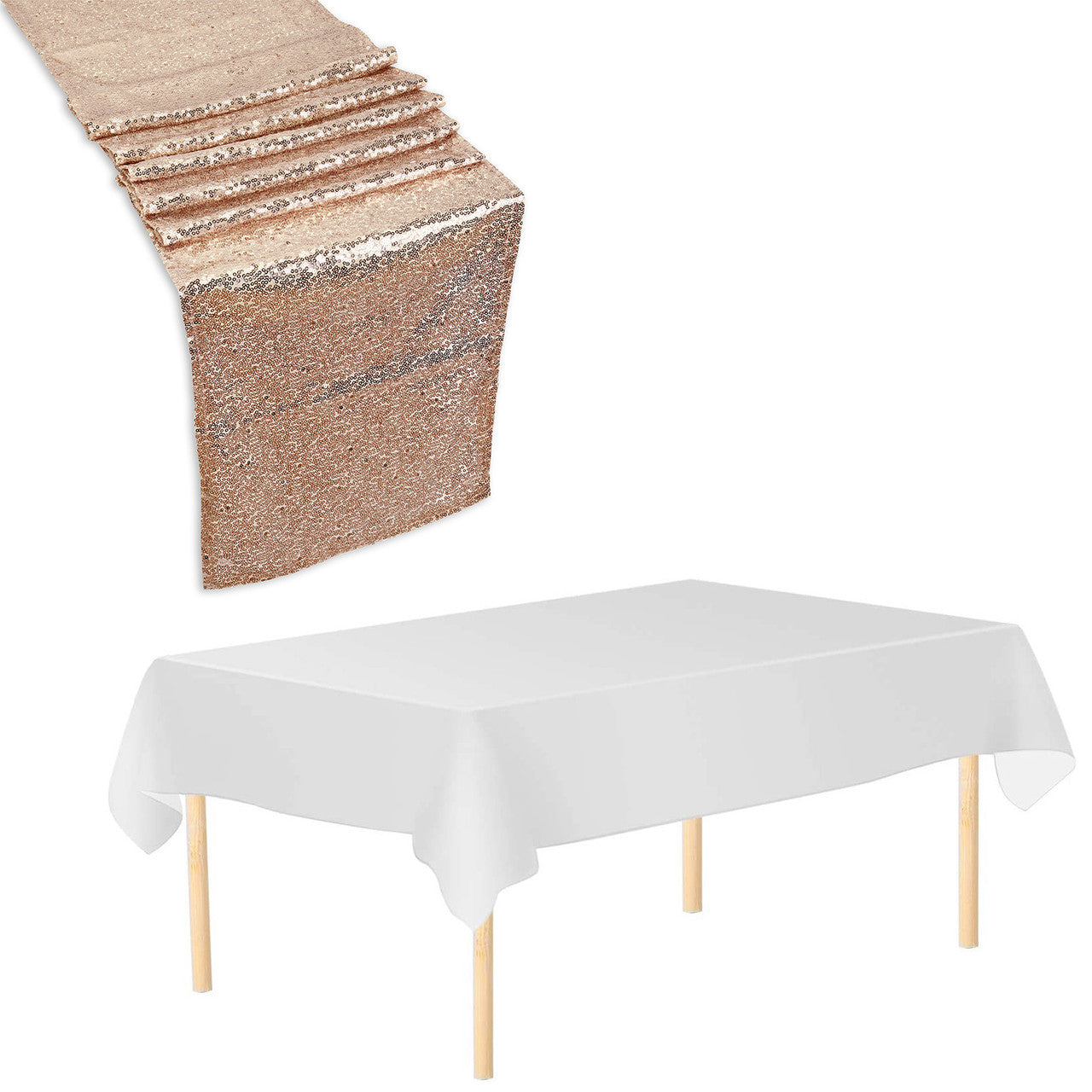 Rectangle Plastic Tablecloth and Sequin Table Runner - White & Rose Gold