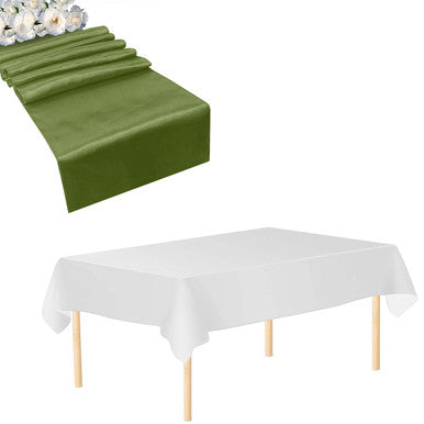 Plastic Tablecloth and Satin Table Runner Set - White & Sage Green