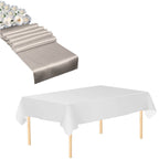 Plastic Tablecloth and Satin Table Runner Set - White & Silver