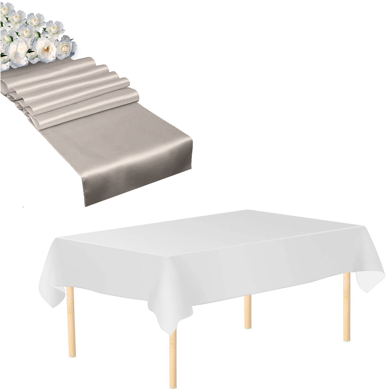 Plastic Tablecloth and Satin Table Runner Set - White & Silver