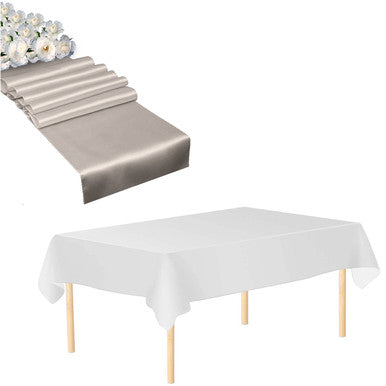 Plastic Tablecloth and Satin Table Runner Set - White & Silver