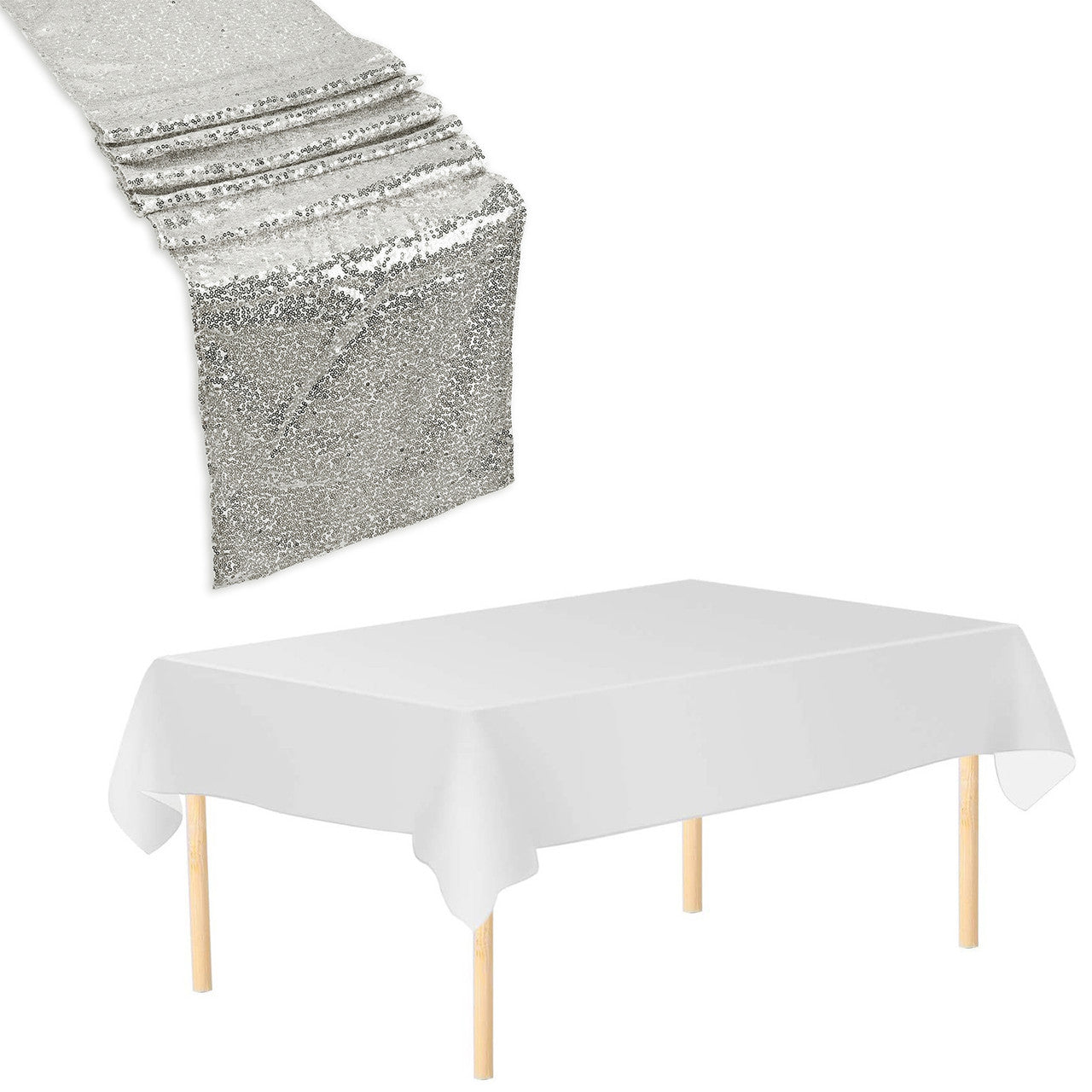 Rectangle Plastic Tablecloth and Sequin Table Runner - White & Silver