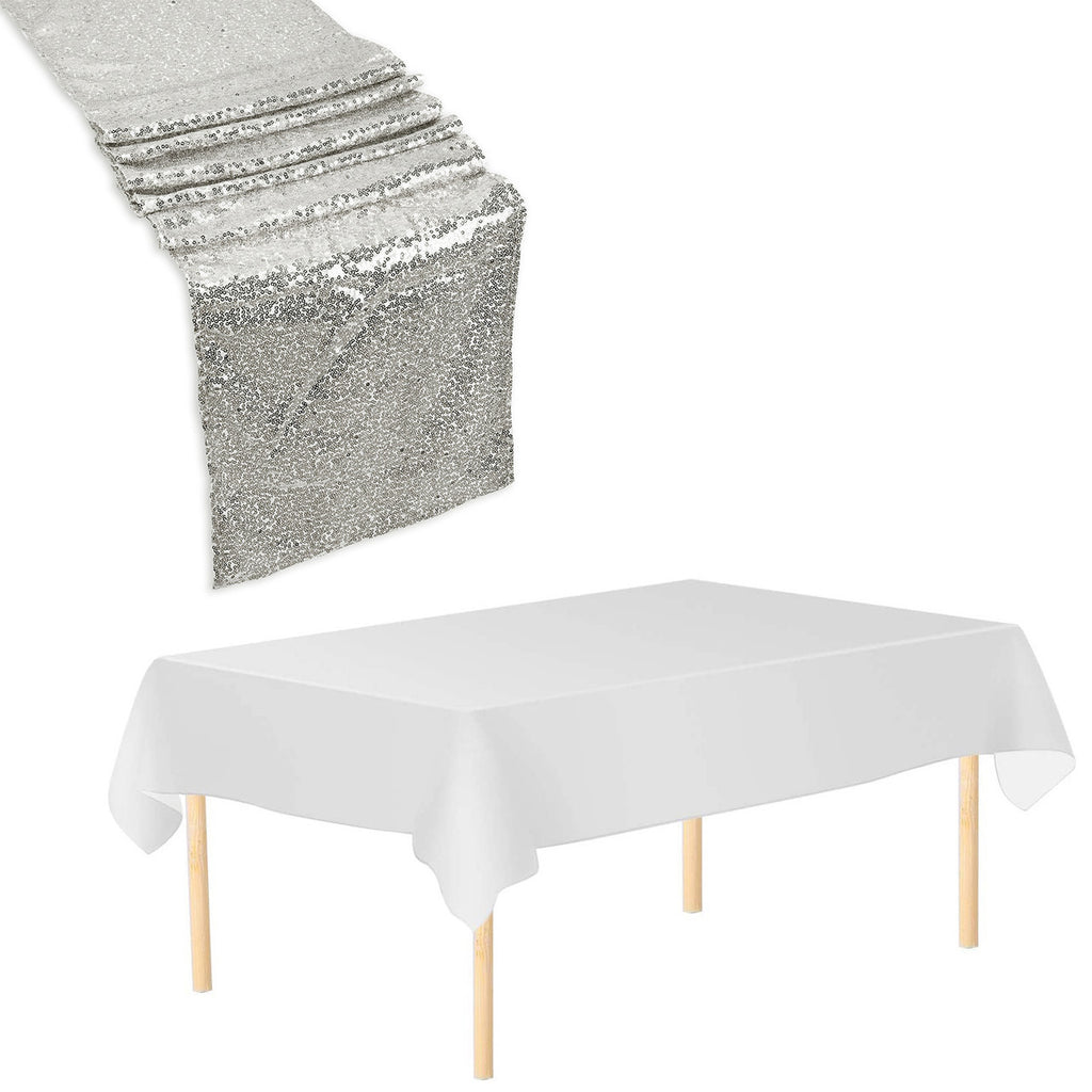 Rectangle Plastic Tablecloth and Sequin Table Runner - White & Silver