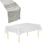 Rectangle Plastic Tablecloth and Sequin Table Runner - White & Silver