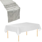 Rectangle Plastic Tablecloth and Sequin Table Runner - White & Silver
