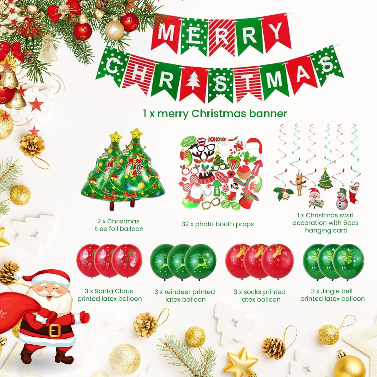 Christmas Balloons, Banner & Photo Booth Props Kit