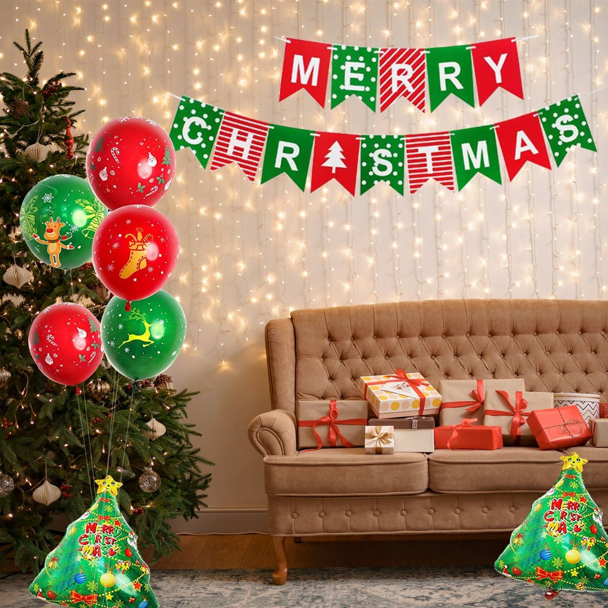 Christmas Balloons, Banner & Photo Booth Props Kit