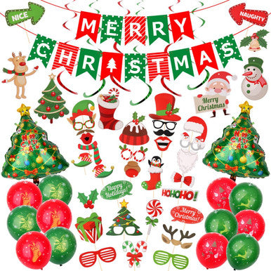 Christmas Balloons, Banner & Photo Booth Props Kit