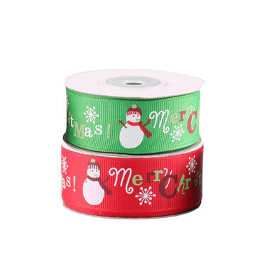 25mm Snowman, Merry Christmas Printed Grosgrain Ribbon, 2x 9m Rolls - Red & Green