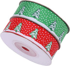 20mm Christmas Tree Printed Grosgrain Ribbon, 2x 9m Rolls - Red & Green