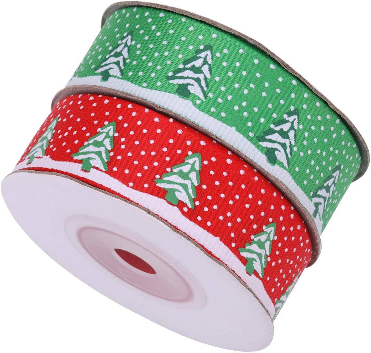 20mm Christmas Tree Printed Grosgrain Ribbon, 2x 9m Rolls - Red & Green