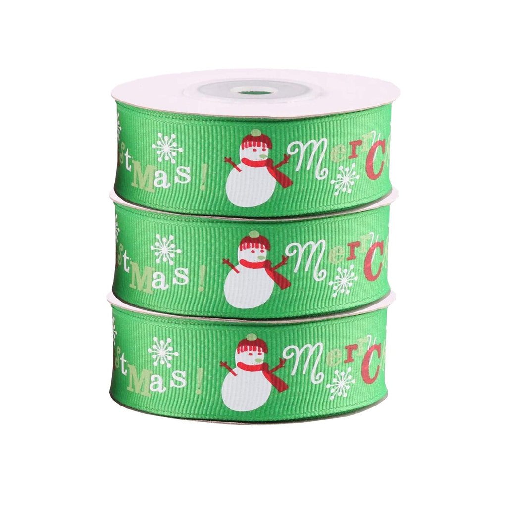 Snowman, Merry Christmas Printed Grosgrain Ribbon - Green
