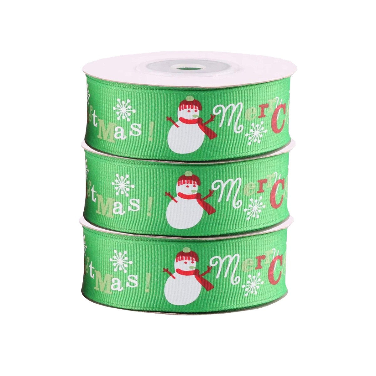 Snowman, Merry Christmas Printed Grosgrain Ribbon - Green