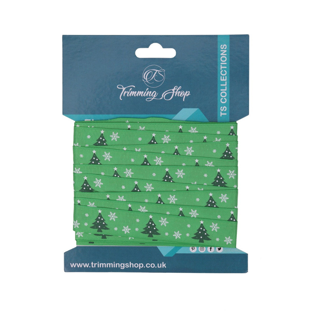 Christmas Tree & Snowflakes Printed Grosgrain Ribbon - Green