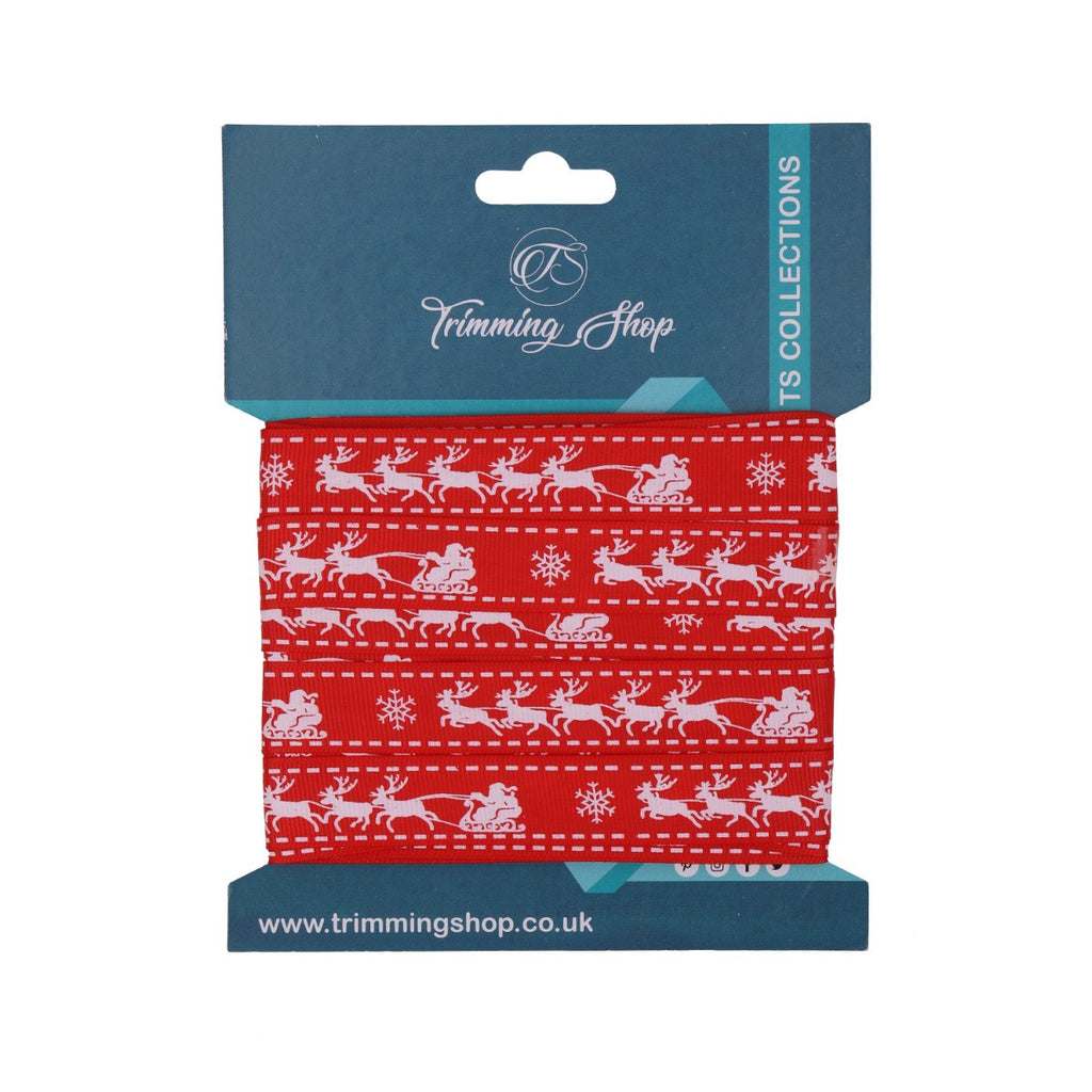 Santa Sleigh Printed Grosgrain Ribbon - Red