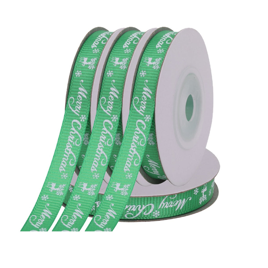 Merry Christmas & Reindeer Printed Grosgrain Ribbon - Green
