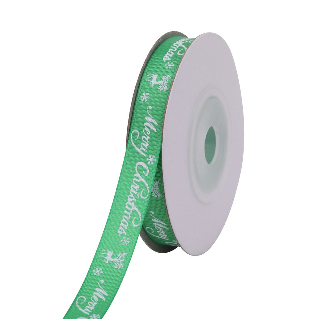 Merry Christmas & Reindeer Printed Grosgrain Ribbon - Green