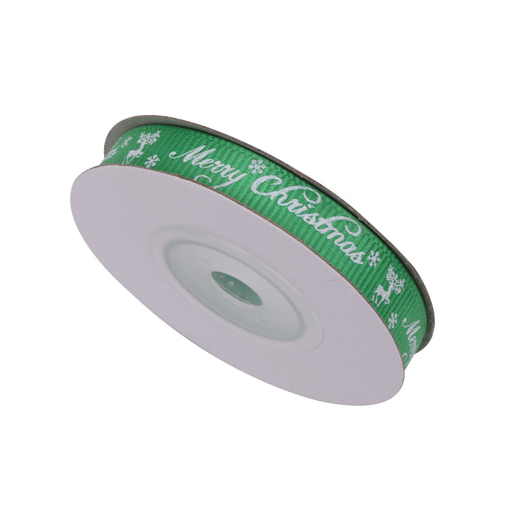 Merry Christmas & Reindeer Printed Grosgrain Ribbon - Green