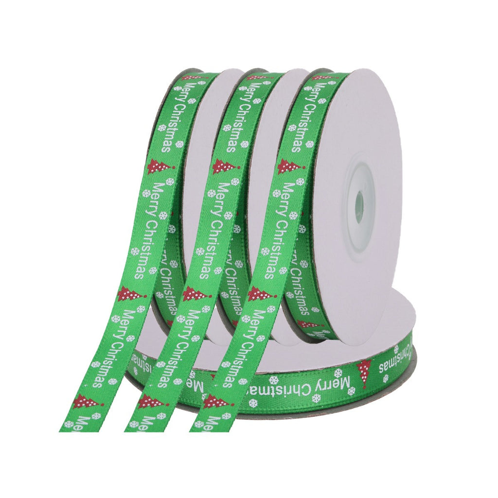 Merry Christmas & Tree Printed Grosgrain Ribbon - Green