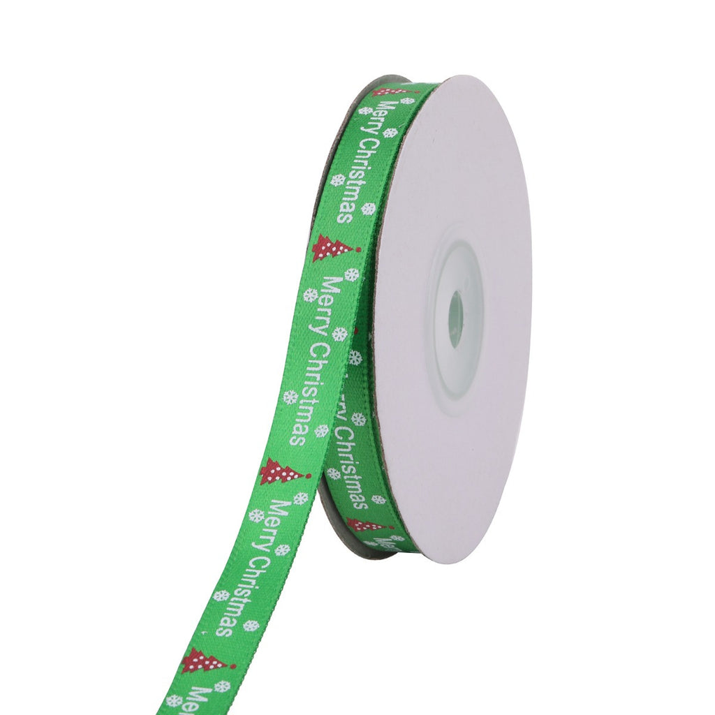 Merry Christmas & Tree Printed Grosgrain Ribbon - Green