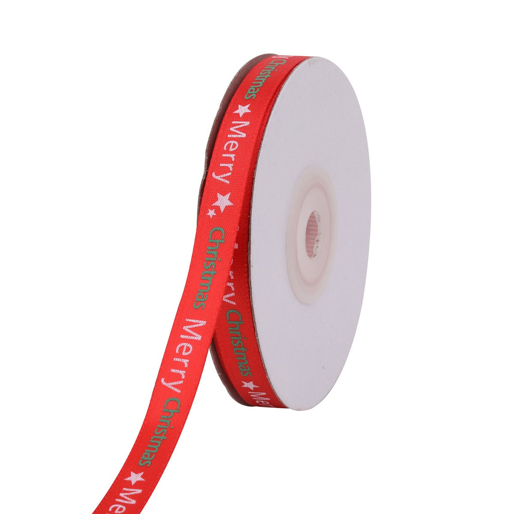 Merry Christmas & Star Printed Grosgrain Ribbon - Red