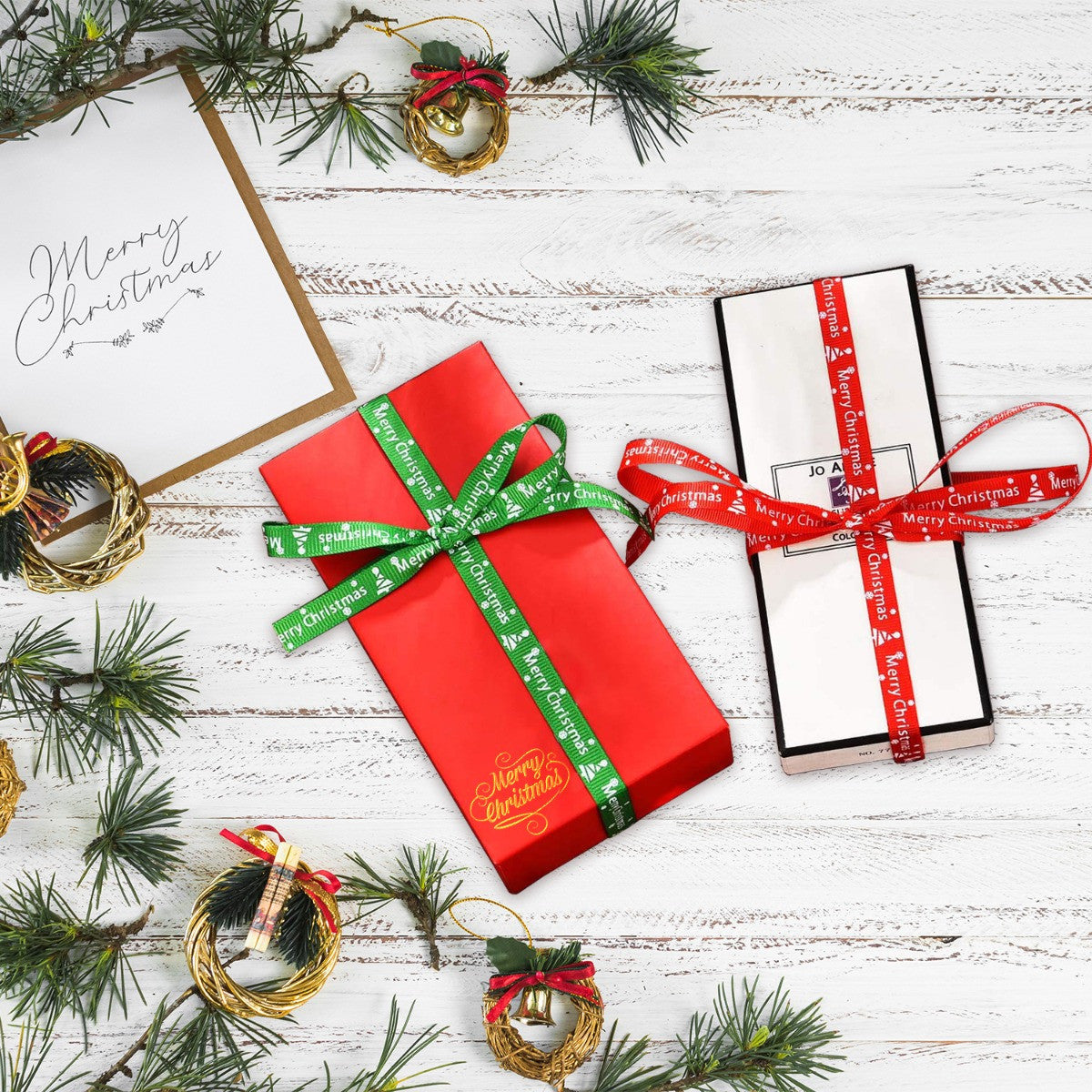Merry Christmas & Star Printed Grosgrain Ribbon - Red