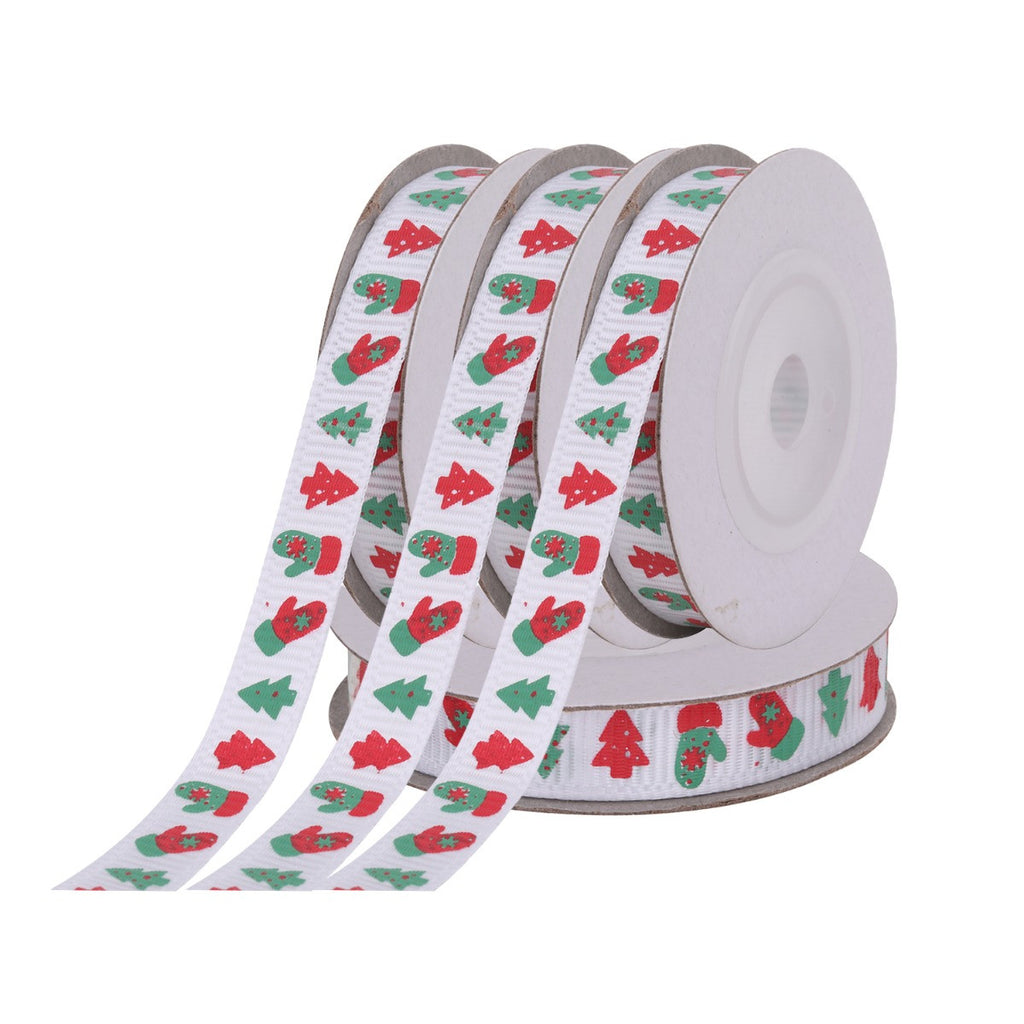 Christmas Tree & Gloves Printed Grosgrain Ribbon - White