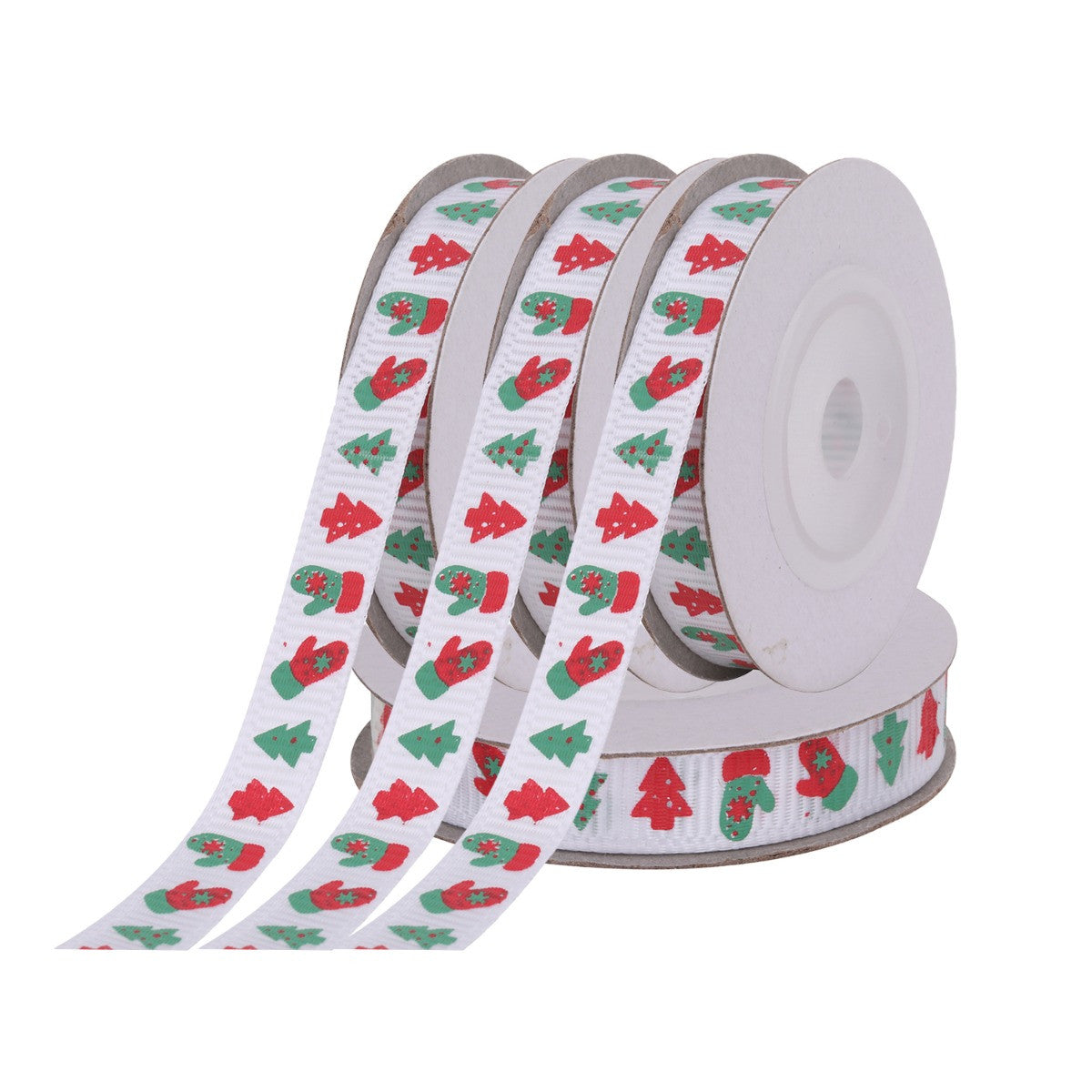 Christmas Tree & Gloves Printed Grosgrain Ribbon - White