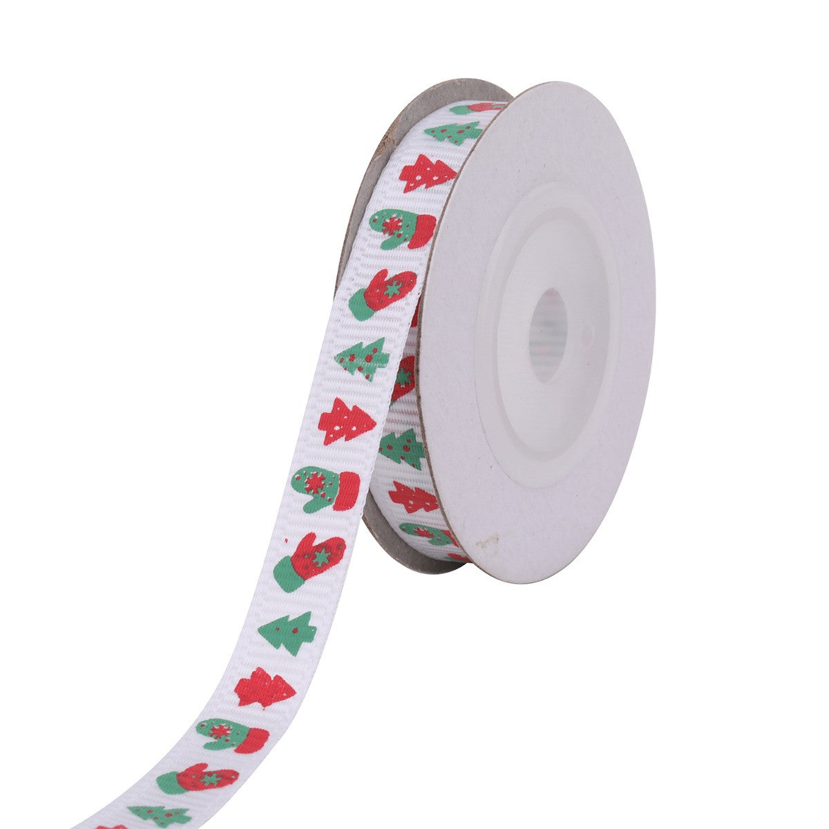 Christmas Tree & Gloves Printed Grosgrain Ribbon - White