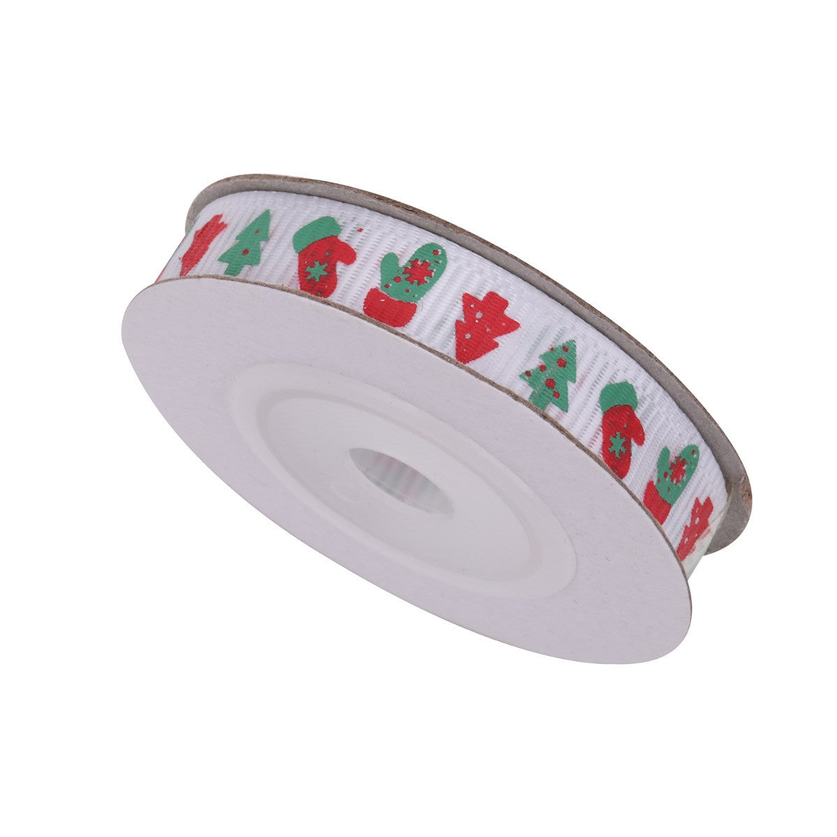 Christmas Tree & Gloves Printed Grosgrain Ribbon - White