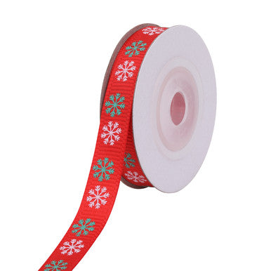 Green & White Snowflakes Grosgrain Ribbon for Gift Wrapping