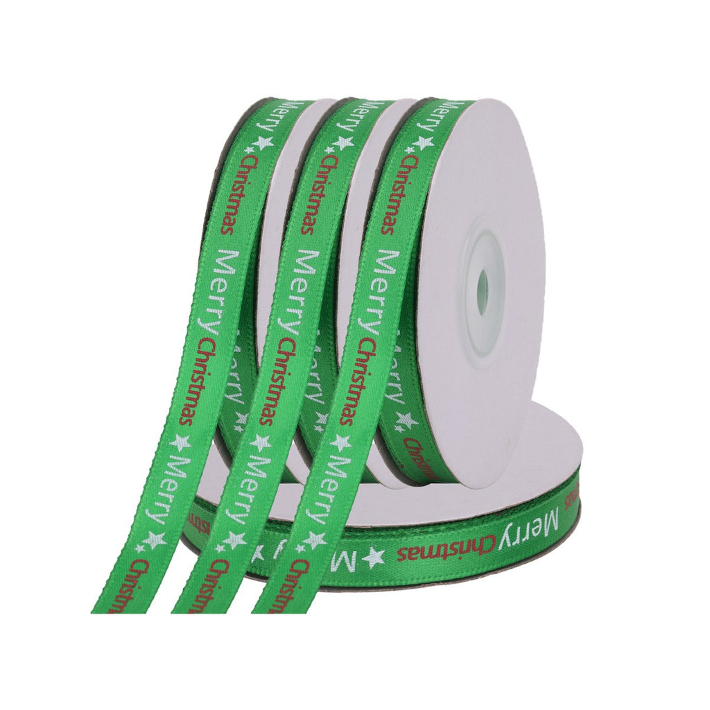 Merry Christmas & Star Printed Grosgrain Ribbon - Green