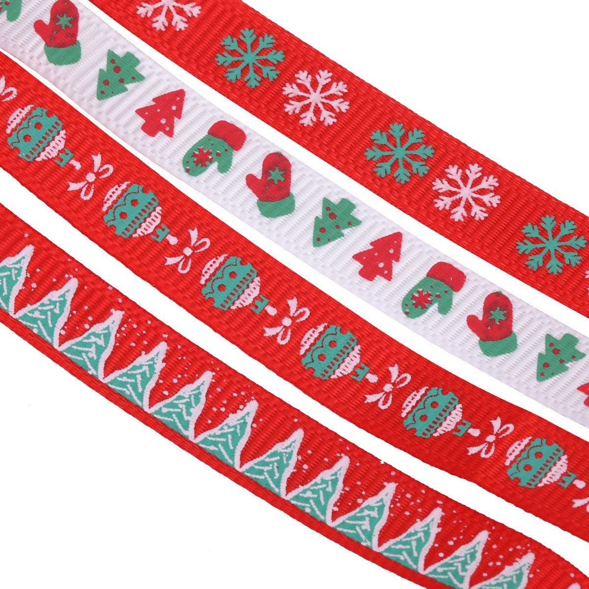 10mm x 9m Christmas Themed Printed Grosgrain Ribbons, 4 Rolls - Assorted Designs